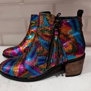Unique Custom Colorful Party Foil tassel zip ankle leather boot size 7 upcycled